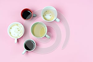 Coffee Multiple Assorted Types of Coffee in Mugs Trandy Cofee Concept Pink Background Espresso Capuccino Coffee with Milk