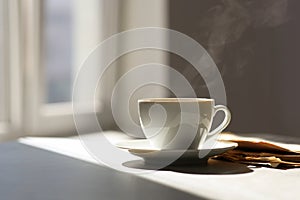 Coffee and newspaper on sunlit table. Good morning