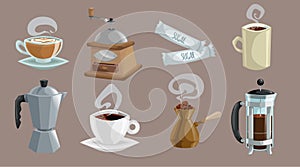 Coffee objects set. Cups of coffee with heart shaped cream and steam, grinder, geyser coffee maker pot.