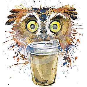 Coffee and owl T-shirt graphics. coffee and owl illustration with splash watercolor textured background. unusual illustration