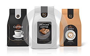 Coffee package mockup. Realistic food pack mockup with brand identity design, black white and brown paper zip packages