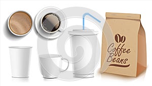 Coffee Packaging Design Vector. Cups Mock Up. White Coffee Mug. Ceramic And Paper, Plastic Cup. Top, Side View. Blank