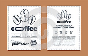 Coffee packaging label design template set. Organic plantation graphic modern tag or sticker for brand, logo, packing