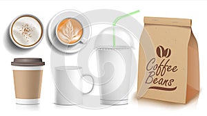 Coffee Packaging Template Design Vector. White Coffee Mug. Ceramic And Paper, Plastic Cup. Top, Side View. Blank Foil