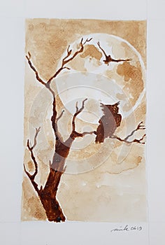 Coffee painting owl shillouette and the moon