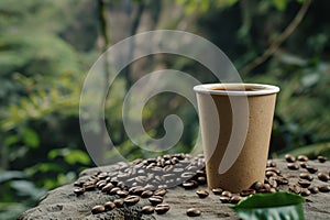 Coffee, paper coffee cup with beans against the backdrop of nature