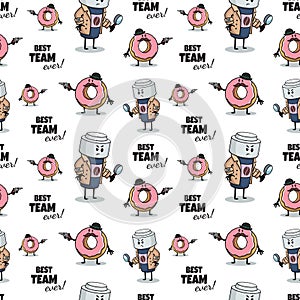 Coffee paper cup and donut as detectives investigating crime. Fast food seamless pattern. Vector doodle illustration.