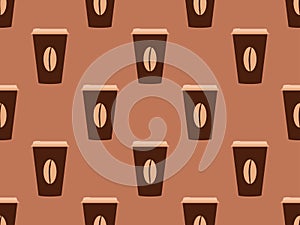 Coffee paper cup seamless pattern. Paper cups with cappuccino and mochaccino. Coffee beans. Design for banners, posters