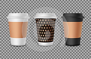 Coffee paper cups mockup. 3d plastic mug for cafe logo. Corporate identity template set. Realistic blank container for hot