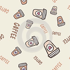 Coffee paper to go cup. Abstract seamless pattern for cloth design illustration. Old grunge paper texture background