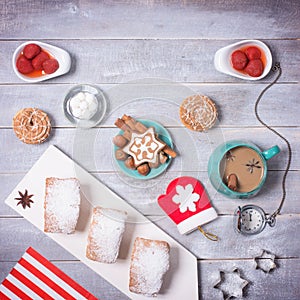 Coffee Party Time with biscuits. New Year and Christmas Decor wi