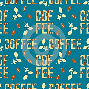 Coffee pattern with stylized letters and coffee beans and twigs, in blue brown and beige colors.