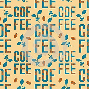 Coffee pattern with stylized letters and coffee beans and twigs, in blue brown and beige colors.