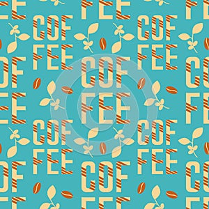 Coffee pattern with stylized letters and coffee beans and twigs, in blue brown and beige colors.