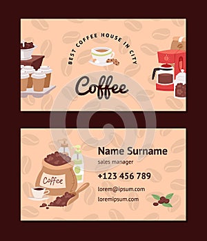 Coffee pattern vector coffeebeans business card coffeecup drink hot espresso or cappuccino in coffeeshop backdrop set photo