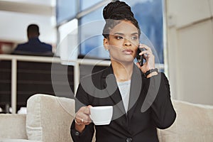 Coffee, phone call or business black woman in b2b networking in office sofa for sales deal or marketing. Corporate