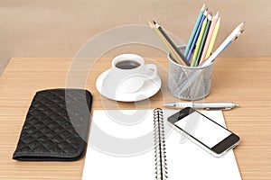 Coffee,phone,eyeglasses,notepad,wallet and color pencil