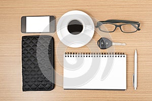 Coffee and phone with notepad,car key,eyeglasses and wallet