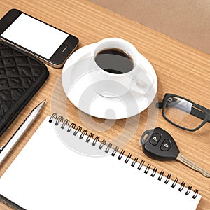 Coffee and phone with notepad,car key,eyeglasses and wallet