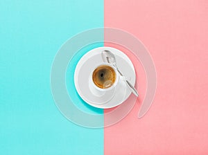 Coffee pink blue background Flat lay photo