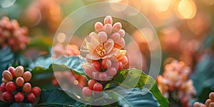 Coffee plant with blossom and fruits, with selective focus on blossom