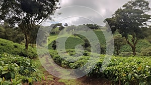 Coffee plantation. Landscape with coffee trees. Generative AI