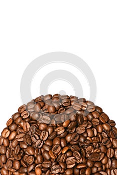 Coffee plate made from roasted coffee beans isolated on white background. Top view
