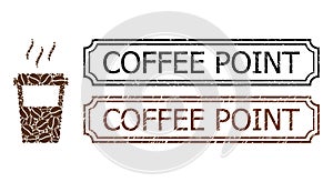 Coffee Point Scratched Rubber Stamps with Notches and Hot Drink Paper Cup Mosaic of Coffee Seeds