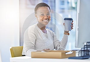 Coffee, portrait and black woman in office with drink reading email, report or review at desk. Computer, lens flare and