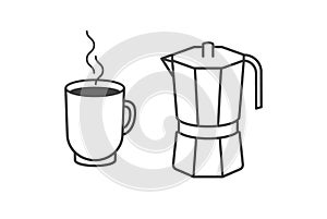 Coffee Pot and Cup of Coffee. Coffeepot. Breakfast. Coffee Shop Design Template.