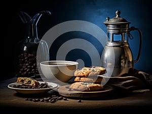 A coffee pot sits on a wooden table next to a white bowl and a plate of cookies