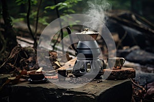 Coffee Pot on Wooden Table, Warm Brew Ready to Savor, Outdoor kitchen equipment camp fire and brewing tea pot moka coffee drip cup