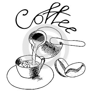 Coffee pouring from cezve to cup. Contour hand drawn sketch. Vector illustration isolated on white background.