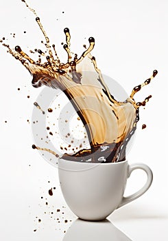 Coffee pouring into a cup. Coffee spilling out of a cup isolated on white background.