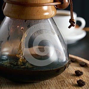 Coffee pouring into a glass coffee maker. Pour Over Coffee in a decanter, a carafe for coffee on a white coffee set background,