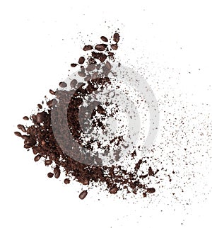 Coffee powder mix bean fly explosion, Coffee crushed mix seed float explode, abstract cloud fly. Coffee dust powder bean splash