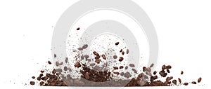 Coffee powder mix bean fly explosion, Coffee crushed mix seed float explode, abstract cloud fly. Coffee dust powder bean splash