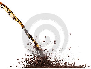 Coffee powder mix bean fly explosion, Coffee crushed mix seed float explode, abstract cloud fly. Coffee dust powder bean splash