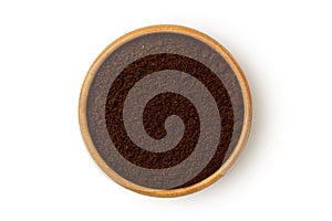 Coffee powder in wooden bowl on white background