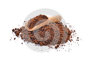 Coffee powder in wooden scoop isolated on white background