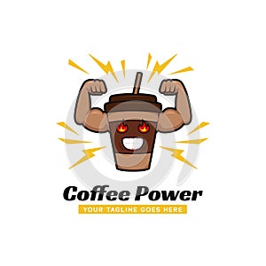Coffee power gym logo, coffee cup with strong big arm muscle logo icon mascot illustration