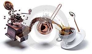 Coffee preparation. Conceptual photo - turning coffee beans into beverage