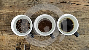 Coffee process in 3 cups - roasted, grind and brew