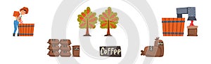 Coffee Production with Man Farmer Harvest Vector Set