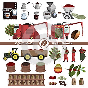 Coffee production, processing and preparation. Big icon collection photo