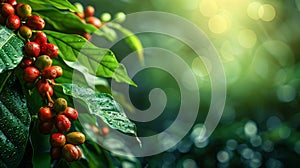 coffee production, ripe coffee beans on plant against plantation backdrop, suitable for international coffee day banner