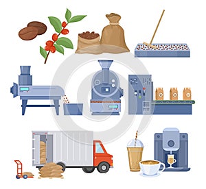 Coffee production vector illustration set. Processing and roasting coffee beans, making coffee.