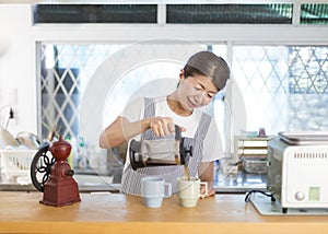 Coffee, put, japanese woman, kitchen