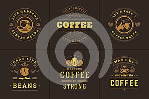 Coffee quotes vintage typographic style inspirational phrases vector illustrations set.