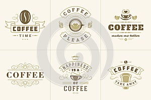 Coffee quotes vintage typographic style inspirational phrases vector illustrations set.